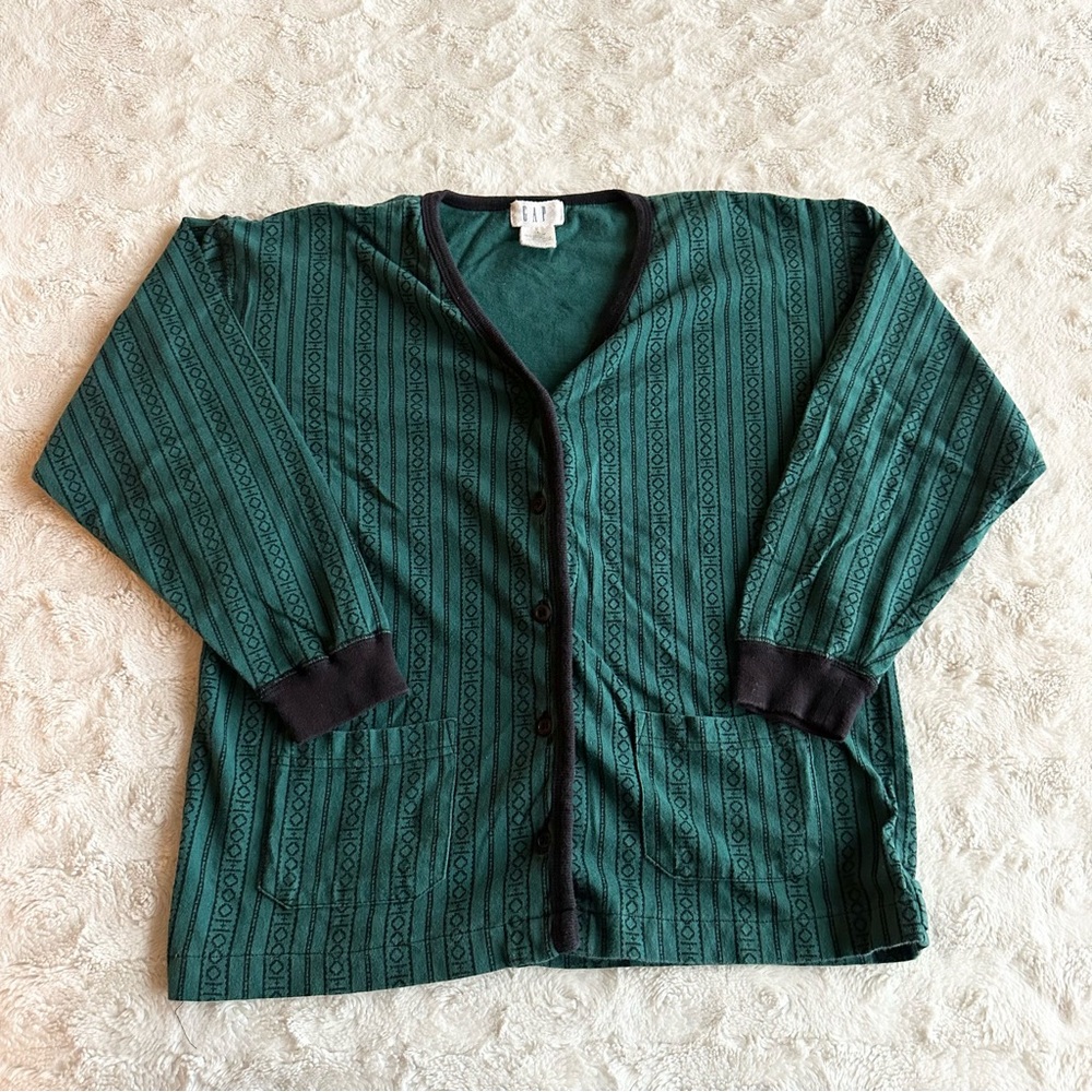 Vintage Gap Cardigan Sweater Womens Large Green Boho Whimsygoth Print Pattern LS